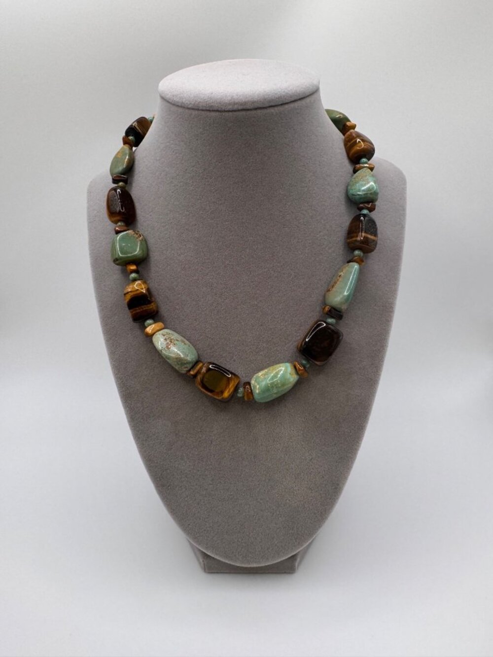 Signed Sally C Treasures 925 Gemstone Necklace Tiger Eye Turquoise Jasper
